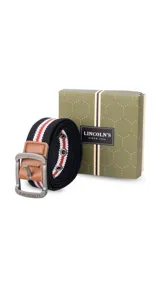 Cinturón casual negro de tela canvas con hebilla metálica plateada y detalles en cuero sintético negro.
