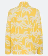 Campera alargada de lino con estampado de cocoteros, cuello alto, cierre por cremallera y mangas largas.