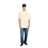 Remera color beige de corte holgado, con cuello redondo y manga corta. Presenta un pequeño estampado en el pecho con un diseño de un ojo de pájaro.
