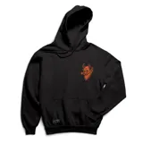 Canguro negro con capucha y bolsillo delantero, con estampado en el pecho de un diablo fumando un cigarrillo.