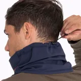 Cuello unisex de poliéster color azul marino con logo Merrell en naranja.