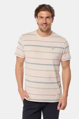 Remera de manga corta con rayas horizontales en tonos beige, azul, verde y salmón.