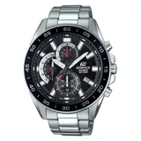 Reloj Casio Edifice plateado con esfera negra, cronógrafo y detalles en rojo.