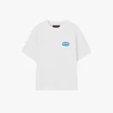 Camiseta blanca de algodón con corte oversize y estampado en la espalda con el logo de Nude Project dentro de un marco ovalado con hojas de laurel.