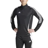Buzo deportivo Adidas Tiro 24 para hombre, color negro con detalles en blanco, cierre frontal hasta el pecho y las tres tiras características de la marca en las mangas.
