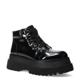 Botas de mujer Miss Carol modelo Morgana, color negro charol, estilo militar con plataforma gruesa y cordones.