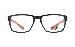 Armazón para lentes de receta MDQ modelo T03, de acetato color negro brillante, con forma rectangular y patillas color naranja con logo de la marca.