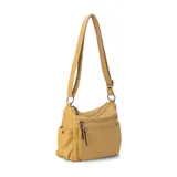 Cartera de cuero color borgoña, con correa larga regulable, dos bolsillos frontales con cierre y un bolsillo trasero con cierre.