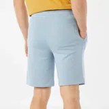 Bermudas deportivas de color celeste, corte recto y largo hasta la rodilla.