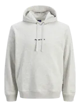 Buzo con capucha y bolsillo canguro, de manga larga y calce relajado. Tejido loopback con interior cepillado. Color gris melange jaspeado, con inscripción pequeña en el pecho.