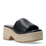 Zuecos de mujer marca Bottero en color negro, con capellada lisa y plataforma alta revestida en yute trenzado. Presentan un diseño de punta abierta y estilo alpargata.