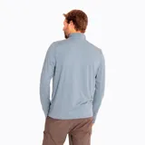 Buzo gris de poliéster reciclado y spandex, con cuello alto y cierre de cremallera hasta el pecho. Tiene mangas largas con orificios para los pulgares y logo de la marca en el pecho.