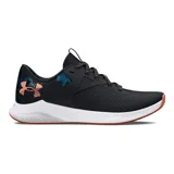 Championes de running Under Armour Charged Aurora, color negro con detalles estampados en azul y naranja, suela blanca y cordones moteados.
