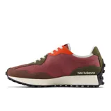 Championes New Balance 327, color marrón, rosa y verde, con logo "N" blanco en los laterales.