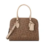 Bolso satchel Guess Delphina con estampado de logos "G" en marrón y detalles en beige. Tiene doble asa de mano, correa bandolera ajustable y extraíble, cierre superior con cremallera, bolsillo frontal y trasero, y herrajes dorados.