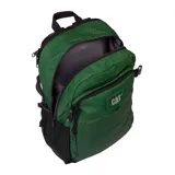Mochila verde oscuro con logo CAT en el frente, compartimento acolchado para laptop de 15 pulgadas, panel organizador en bolsillo frontal, espalda acolchada, correa para ajustar a la cintura, straps ajustables y correas de compresión.