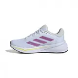 Championes Adidas Response para mujer, color blanco con detalles en lila y amarillo. Zapatillas de running con suela de goma y las tres tiras características de la marca en los laterales.