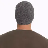 Gorro beanie unisex Merrell de punto jaspeado en tonos grises, con etiqueta de la marca en el lateral.