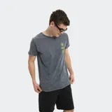 Remera gris con efecto gastado y estampado pequeño en el pecho con un sol, una ola y el logo de la marca.