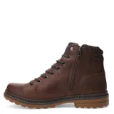 Bota de cuero color marrón con cordones y cierre lateral.