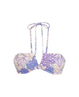 Top bandeau con estampado floral en tonos violeta y beige, diseño sin tirantes y con ajuste en la parte posterior.