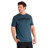Remera gris jaspeado de manga corta con cuello redondo y logo de Caterpillar estampado en el pecho.