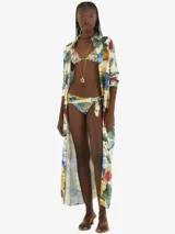 Camisola larga de algodón y poliamida con estampado floral multicolor, cuello clásico, botones frontales y corte holgado.