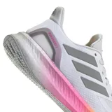 Championes Adidas Pureboost 5 color gris claro con detalles en plateado y suela degradada en tonos rosa, naranja y amarillo.