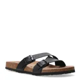 Sandalias negras tipo Birkenstock con dos correas ajustables con hebillas metálicas.