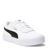 Championes urbanos Puma modelo Carina 2.0 para mujer, de color blanco con detalles en lila. Cuentan con una parte superior de material sintético, cierre de cordones y suela de goma con plataforma que incluye secciones acanaladas en la puntera y el talón.