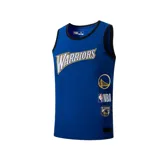 Musculosa de básquet azul con cuello y sisas en negro. Estampado frontal con el nombre "Warriors" en blanco y el logo del equipo.