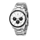 Reloj Maserati Attrazione con caja de acero inoxidable plateada de 43mm, esfera blanca con detalles en negro y correa de acero inoxidable.