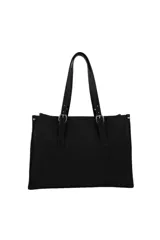 Cartera tipo tote color beige con doble asa de hombro, logo circular de la marca en el centro y llavero colgante con forma de labios.