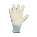 Guantes de arquero Nike con palma de látex color gris, dorso con diseño geométrico en gris y rosa, logo de Nike en verde agua y ajuste de velcro en la muñeca.