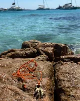 Collar con dije de bronce macizo con forma orgánica o de coral, suspendido de un hilo de seda natural color naranja.