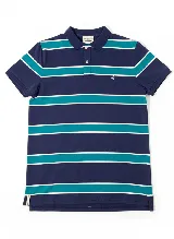 Polo de hombre de manga corta a rayas horizontales azul marino, turquesa y blanco. Tiene cuello clásico y logo bordado en el pecho.