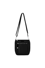 Bandolera negra con correa larga regulable, bolsillo frontal con cierre y logo 'TRENDY' vertical en el frente.