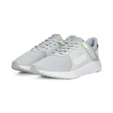 Zapatillas deportivas de malla gris con detalles en blanco, diseñadas para running y entrenamiento.