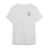 Remera blanca de algodón con estampado pequeño en el pecho izquierdo que dice "WTF (WHERE IS THE FOOD)" y un dibujo de una estrella rosa y violeta.
