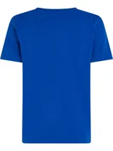 Remera azul de algodón con cuello redondo y logo de Tommy Hilfiger bordado en el pecho.