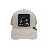 Gorro tipo trucker color beige con parche bordado de una orca y la palabra "Killer" en el frente.