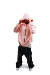 Hoodie rosa con cierre frontal y estampado de hojas de acanto en color blanco.