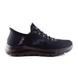 Championes deportivos Skechers modelo Slip-ins Summits - High Range, color negro, con parte superior de malla y cordones elásticos. Incorpora el sistema Hands Free Slip-ins con Heel Pillow y plantilla Air-Cooled Memory Foam.