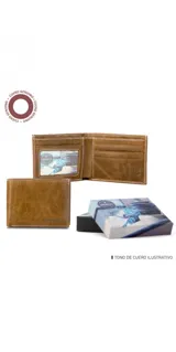 Billetera de cuero color marrón con costuras en hilo blanco. Tiene doble compartimento para billetes, visor para documentos y múltiples ranuras para tarjetas.