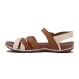 Sandalia de mujer color marrón, con tiras cruzadas en la parte delantera, una de ellas en color beige con textura. Posee tira de ajuste en el tobillo con hebilla y suela de goma.