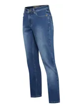 Pantalón de jean azul de corte recto, tiro medio y calce regular. Confeccionado en denim con tecnología Natural Flex y certificación Repreve.