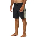 Boardshort de natación negro con cordón ajustable en la cintura. Presenta una franja lateral beige con estampado de flores verdes y un logo en la parte superior.