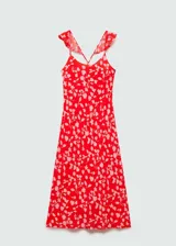 Vestido largo rojo con estampado floral rosa, escote redondo, tirantes finos cruzados en la espalda y corte recto.