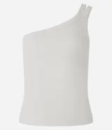 Blusa de rib color marrón, con escote asimétrico de un solo hombro y doble asa.