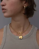 Collar plateado con cadena de eslabones y dije circular texturizado.